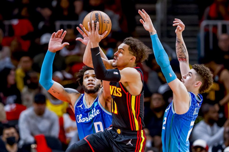 Atlanta Hawks guard Trae Young (C) scored 14 of his team-high 24 points in the third quarter of a win over the Charlotte Hornets on Wednesday in Atlanta. Photo by Erik S. Lesser/EPA-EFE
