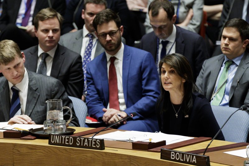 U.S. Ambassador to the United Nations Nikki Haley speaks during a Security Council meeting Wednesday to discuss an investigation related to a chemical attack this month that critically sickened a former Russian spy. Photo by Justin Lane/EPA-EFE