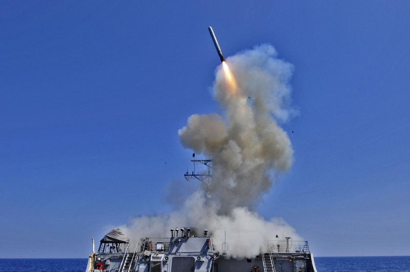The Arleigh Burke-class guided-missile destroyer USS Barry launches a Tomahawk cruise missile from the ship's bow. The United States agreed to sell Australia up to 220 Tomahawk missiles on Thursday. File Photo by U.S. Navy Petty Officer 3rd Class Jonathan Sunderman/UPI
