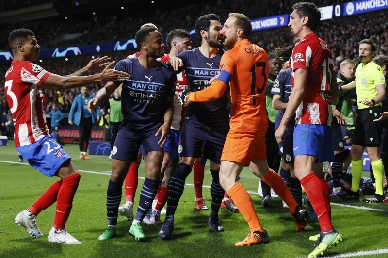 Atletico Madrid and Manchester City players were involved in several fights during and after their UEFA Champions League quarterfinal match Wednesday in Madrid. Photo by Ballesteros/EPA-EFE