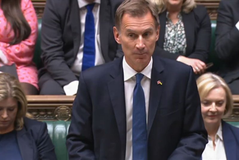 In his Autumn Statement on Thursday before the House of Commons, British Treasury chief Jeremy Hunt outlined a $65 billion package of tax hikes and public spending cuts and vowed the emergency measures would ultimately strengthen the economy and reduce debt amid a continuing cost-of-living crisis throughout Europe. File photo provided by the UK Parliamentary Recording Unit/EPA-EFE/UK
