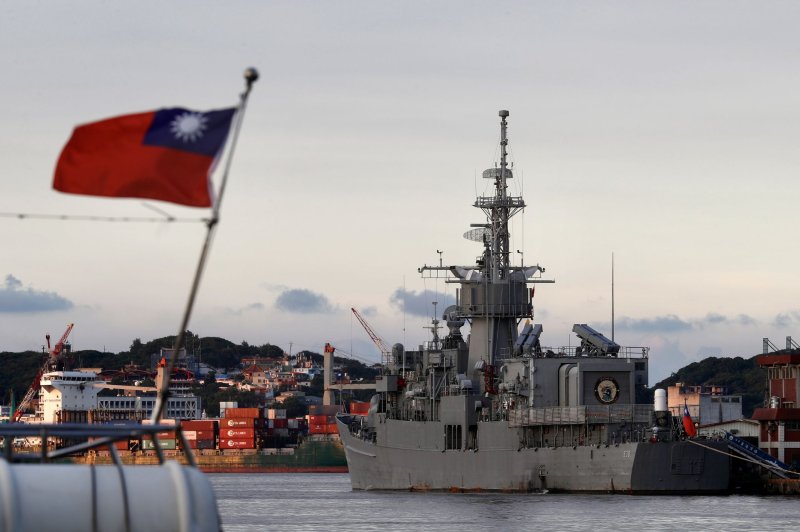 Taiwan Navy's Chi Yang-class frigate Ning Yang (FFG-938) is anchored at a harbor in Keelung city, Taiwan on Friday, China announced Monday it was kicking off a new round of military exercises near the island. Photo by Ritchie B. Tongo/EPA-EFE