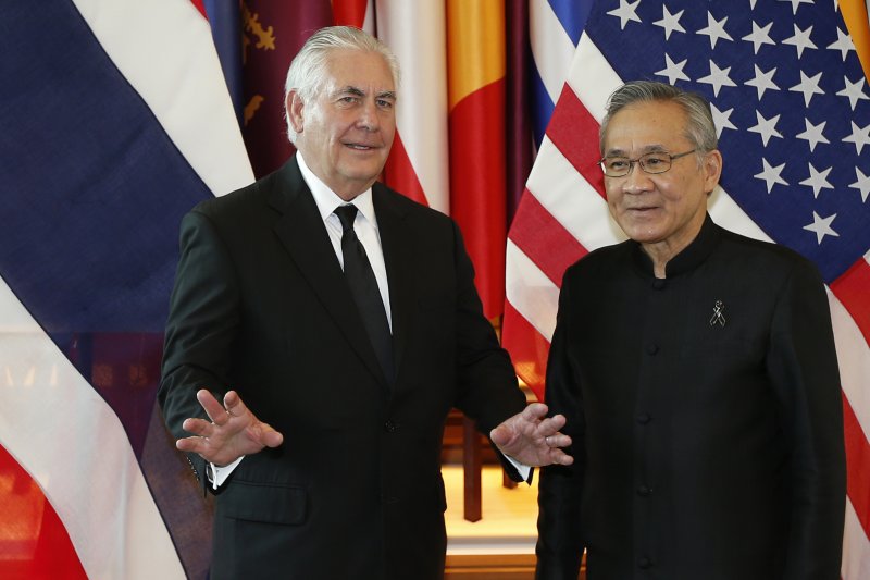 U.S. Secretary of State Rex Tillerson appears with Thai Minister of Foreign Affairs Don Pramudwinai in Bangkok Tuesday. Tillerson was the high-ranking U.S. official to visit Thailand since a military coup in 2014. Photo by Narong Sangnak/EPA