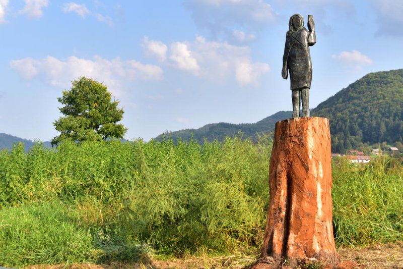 Artist Brad Downey unveiled a new bronze sculpture of U.S. first lady Melania Trump outside her hometown of Sevnica, Slovania, on Tuesday, Sept. 15, 2020. The bronze sculpture was installed two months after an earlier version, made of wood, was damaged in an arson incident in July. Photo by Igor Kupljenik/EPA-EFE<br><br>