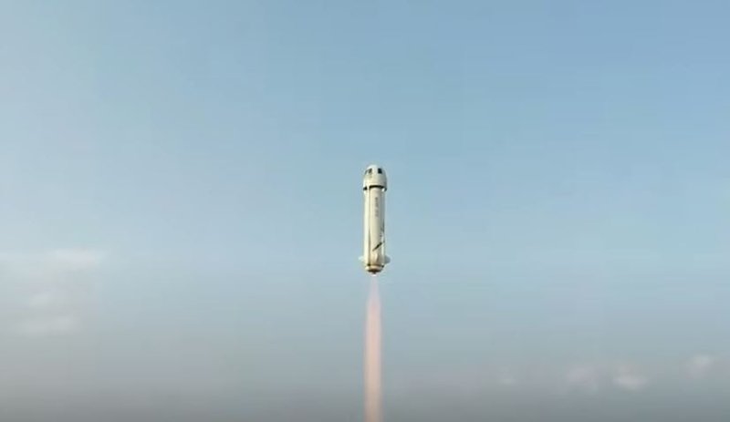 The New Shepard rocket RSS First Step carries Jeff Bezos and 3 crew members into space on Tuesday in the skies over Texas. Photo courtesy Blue Origin
