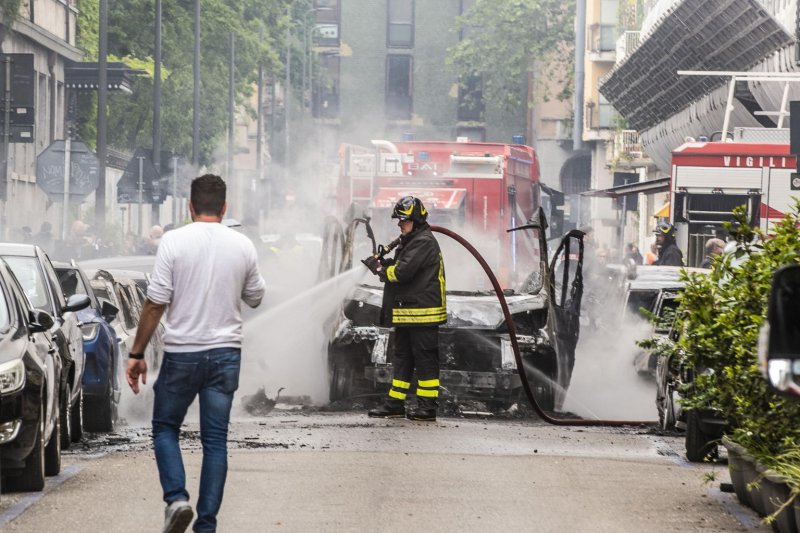 An explosion ripped through downtown Milan Thursday. Local authorities say a van carrying oxygen tanks exploded and the driver was slightly injured. Photo by Andrea Fasani/EPA-EFE