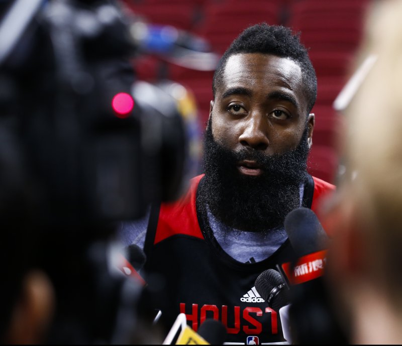 James Harden of the Houston Rockets speaks to reporters. Harden indicated he plans to play with Houston for a long time. Rolex Dela Pena/EPA