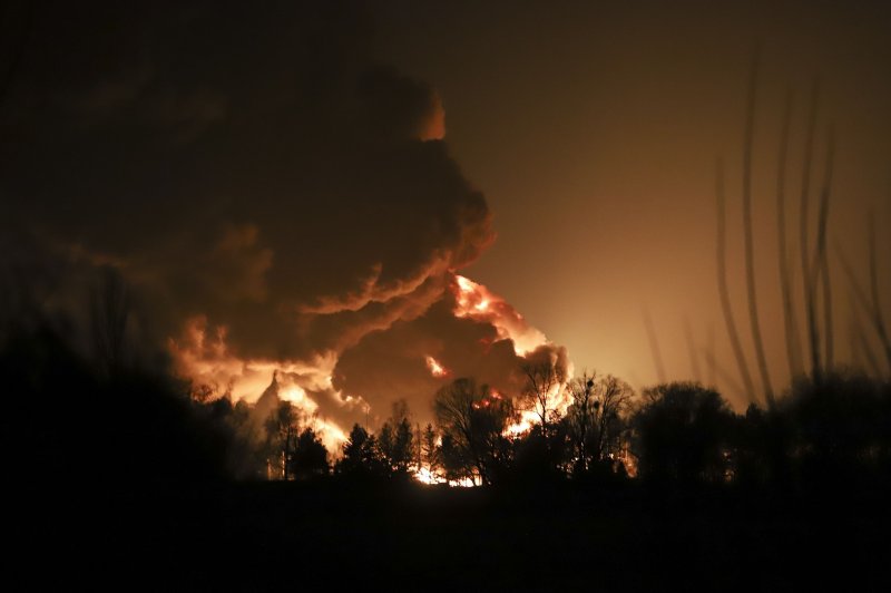 A petroleum storage depot is on fire after a Russian missile attack in Vasylkiv, Ukraine, on February 27. Dozens of Organization for Security and Co-operation in Europe members&nbsp;asked Ukraine Thursday to invite a mission to investigate possible Russian war crimes.&nbsp;File Photo by Alisa Yakubovych/EPA-EFE