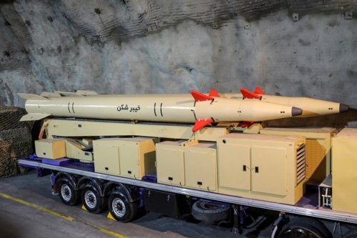 The Iranian Revolutionary Guard Corps released this photo Wednesday showing surface-to-surface Khaibar-buster missiles displayed in an undisclosed location in Iran. &nbsp;Photo by IRGC/EPA-EFE