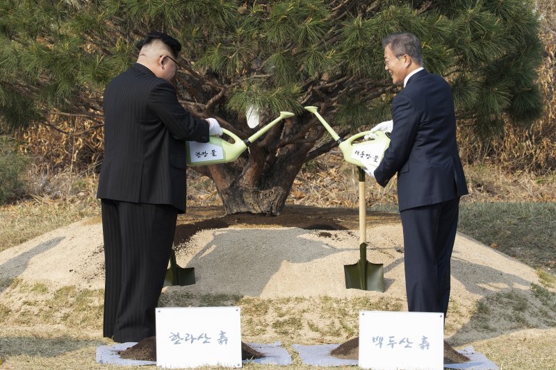 South Korean President Moon Jae-In (R) and North Korean leader Kim Jong Un plant a commemorative tree at the Demilitarized Zone as a sympbol of peace. Photo by Korea Summit Press Pool