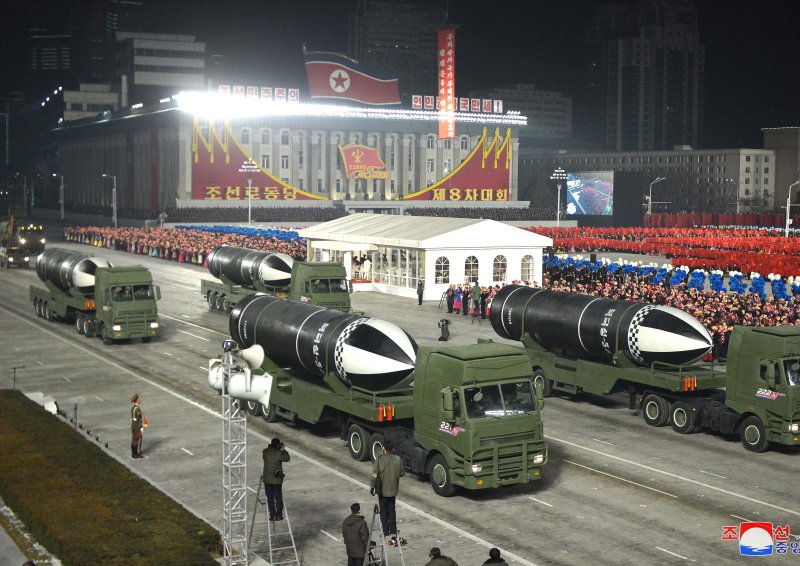 A photo released by the official North Korean Central News Agency on Jan. 15, 2021, shows submarine-launched ballistic missiles displayed during a military parade in Pyongyang, North Korea. File Photo by KCNA/EPA-EFE