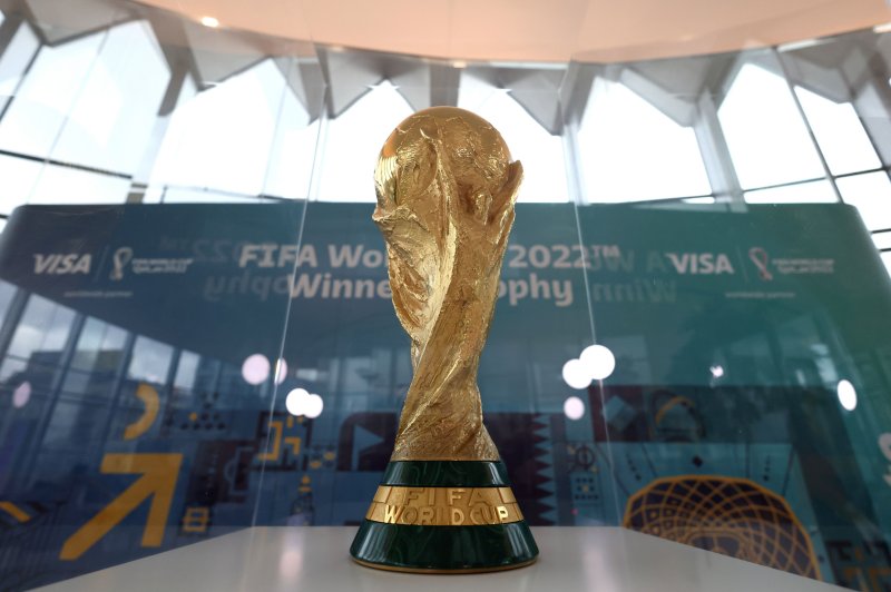 The FIFA World Cup Qatar 2022 Winner's Trophy sits on display Feb. 22, 2022, in Warsaw, Poland. File Photo by Leszek Szymanski/EPA-EFE