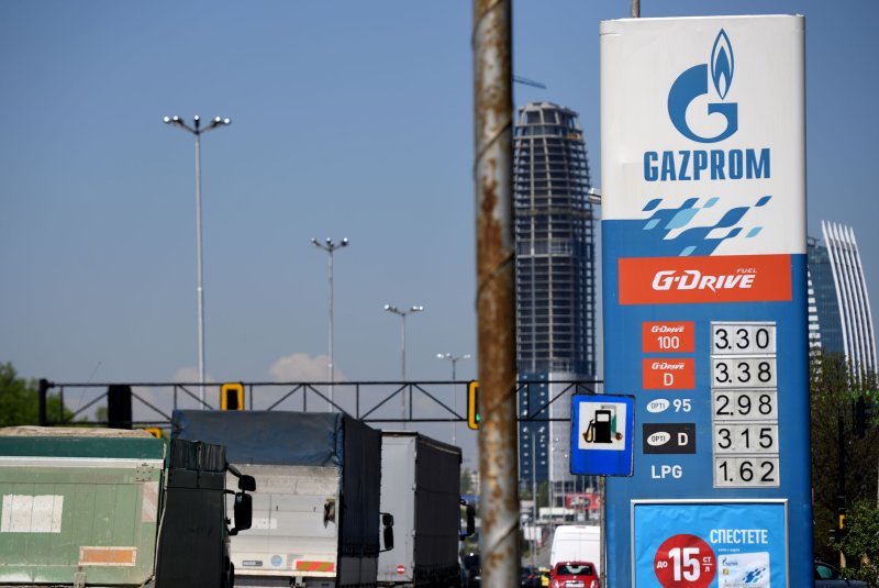 A gas station of the Russian company Gazprom is seen in Sofia, Bulgaria. Gazprom has completely suspended gas supplies to the Bulgarian company Bulgargaz and Polish company PGNiG over their failure to pay in rubles, Russian officials said. File Photo by Vassil Donev/EPA-EFE
