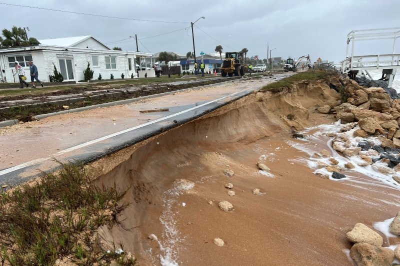 Part of State Road A1A is closed in Flagler Beach, Fla., on Thursday as the road collapsed due to waves from Nicole, which made landfall as a Category 1 hurricane. Photo courtesy of FlaglerSheriff/Twitter