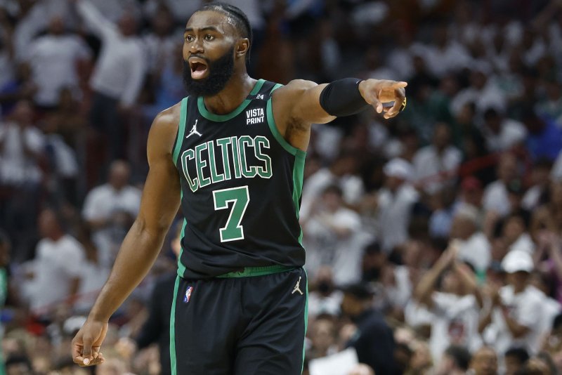 Boston Celtics guard Jaylen Brown scored 19 points in the second half of a win over the Miami Heat in Game 5 of the Eastern Conference finals on Wednesday in Miami. Photo by Rhona Wise/EPA-EFE