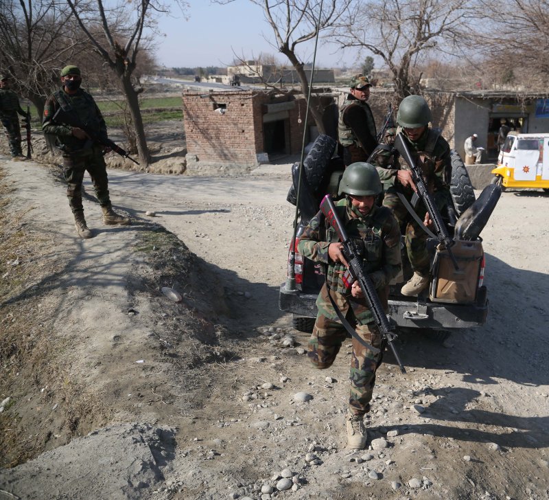 Afghan Army soldiers patrol a checkpoint in Hogyani district of Nangarhar province, Afghanistan, on February 9. File Photo by Ghulamullah Habibi/EPA-EFE