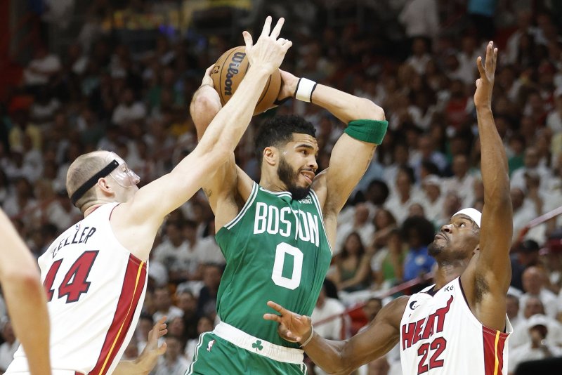 Boston Celtics forward Jayson Tatum (C) scored 33 points in a win over the Miami Heat on Tuesday in Miami. Photo by Rhona Wise/EPA-EFE
