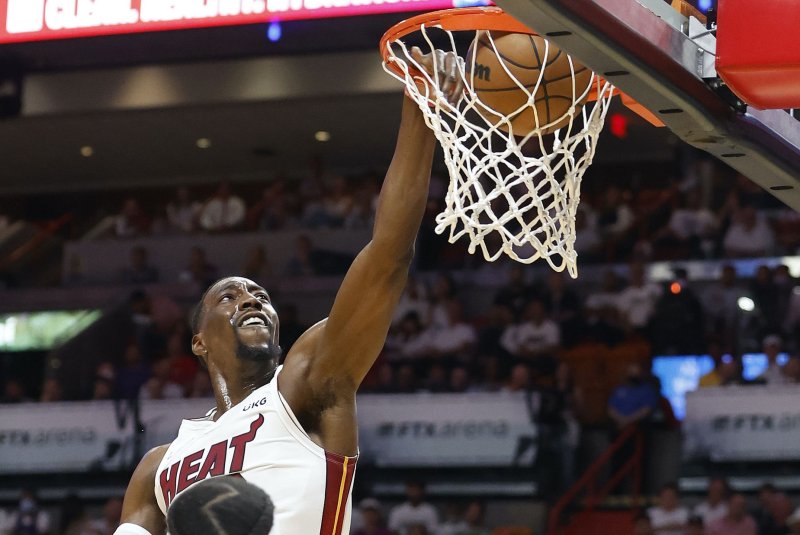 Miami Heat center Bam Adebayo totaled 23 points and nine rebounds in a playoff win over the Philadelphia 76ers on Wednesday in Miami. Photo by Rhona Wise/EPA-EFE