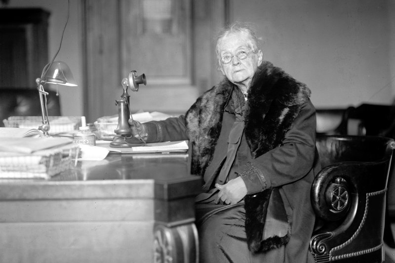 Sen. Rebecca Felton of Georgia is pictured at her desk in Washington, D.C. On October 3, 1922, Mrs. Felton was chosen to fill the seat left vacant following the premature death of Sen. Thomas E. Watson, becoming the first woman to serve in the United States Senate. She was sworn in on November 21, 1922, and served 24 hours. Photo by National Photo Company/Library of Congress/UPI