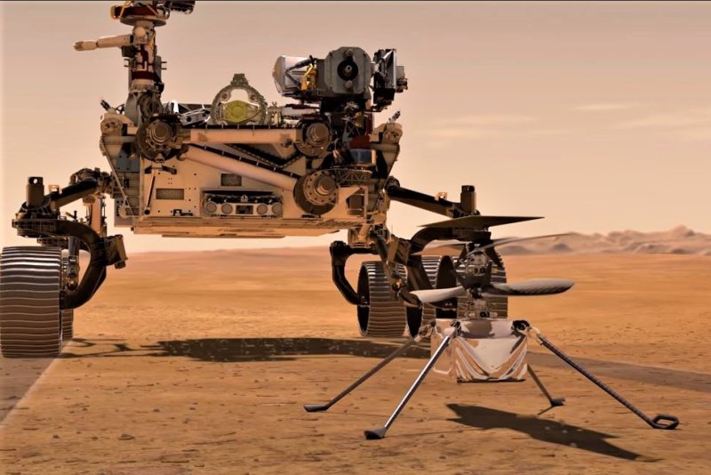 A NASA illustration shows the Mars helicopter Ingenuity on the surface of the Red Planet after it is dropped from the Perseverance rover, which NASA plans to do in early April. Image courtesy of NASA