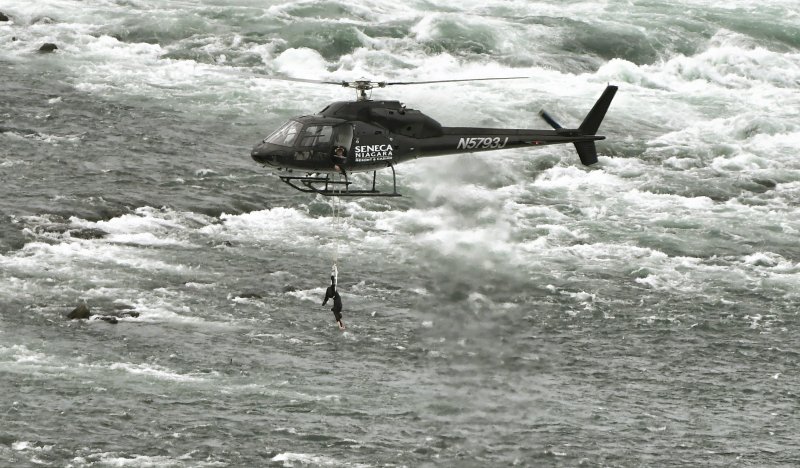 Acrobat Erendira Wallenda hangs by teeth from helicopter above Niagara Falls