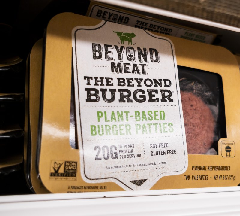 A packet of Beyond Meat burger patties are displayed on a store shelf in New York on May 3, 2019. On Wednesday, The Potsdam Institute for Climate Impact Research published a research paper that found substituting one-fifth of beef with a microbial meat substitute could cut deforestation in half by 2050. File Photo by Justin Lane/EPA-EFE