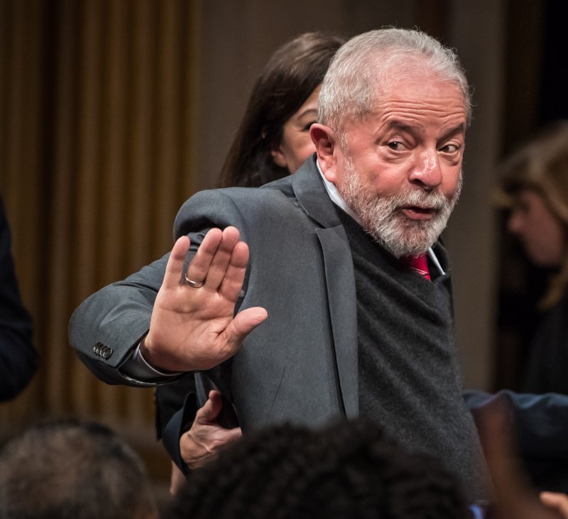 Former Brazilian President Luiz Inacio Lula da Silva waves while participating in a ceremony in his honor in Paris in 2020. Lula kicked off his campaign to reclaim the presidency on Tuesday. File Photo by Christophe Petit Tesson/EPA-EFE