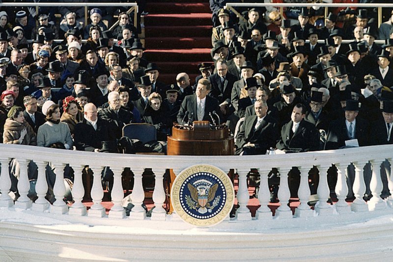 President John F. Kennedy, 35th President of the United States, giving his inaugural address on the steps of the Capitol on Jan. 20, 1961. File Photo courtesy JFK Library
