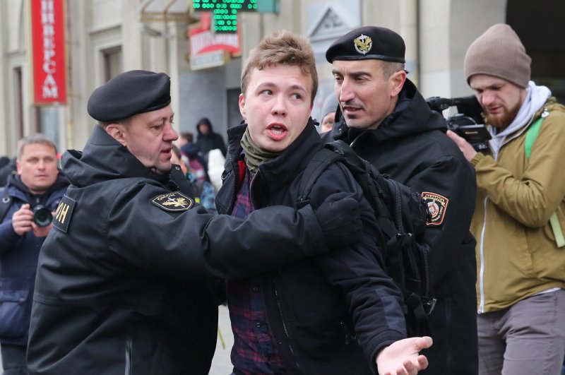 A Belarusian court has sentenced journalist and dissident Roman Protasevich to eight years in prison for political opposition to the authoritarian Lukashenko regime. Protasevich was seized from a commercial flight forced to land in Belarus in 2021. File Photo by EPA-EFE