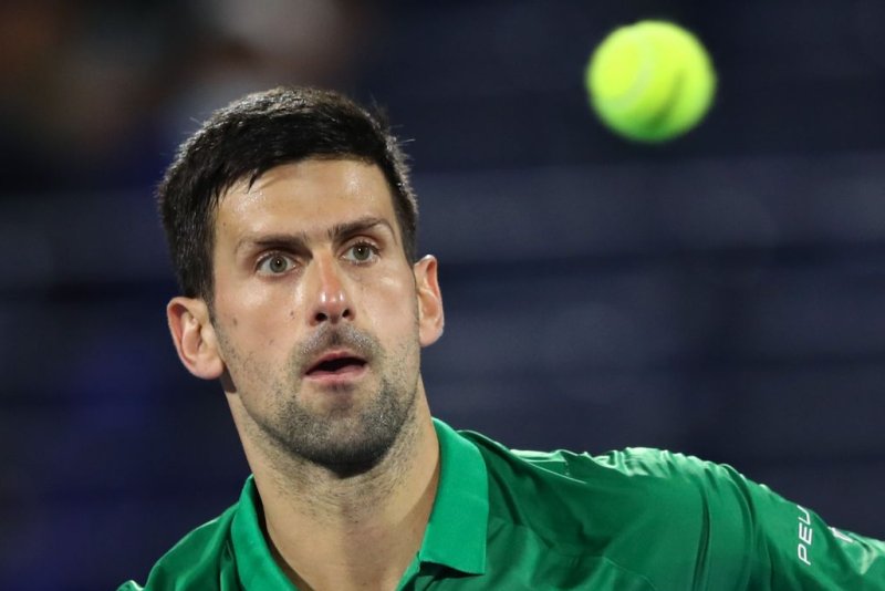 Novak Djokovic of Serbia returned to the court for the first time since his withdrawal from the 2022 Australian Open for a first-round match in the Dubai Duty Free Tennis ATP Championships on Monday in Dubai. Photo by Ali Haider/EPA-EFE