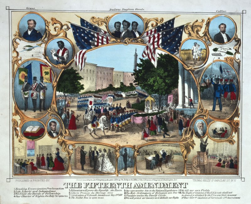 An 1870 print celebrating the passage of the 15th Amendment to the U.S. Constitution. On February 3, 1870, the 15th Amendment to the U.S. Constitution was ratified. It decreed that the right to vote shall not be denied on account of race, color or previous condition of servitude. File Photo by Thomas Kelly/Library of Congress
