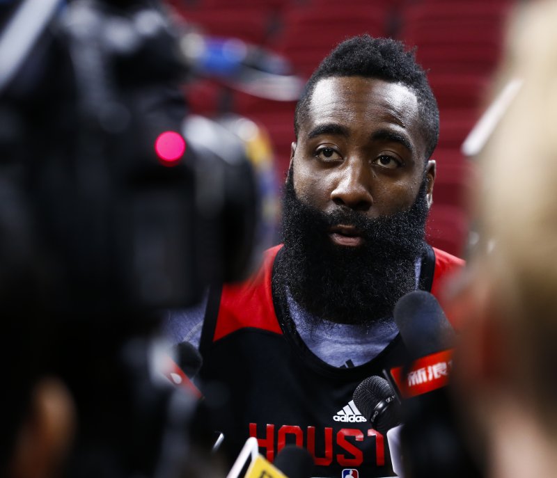James Harden of the Houston Rockets is interviewed by journalists during a team practice. EPA/ROLEX DELA PENA