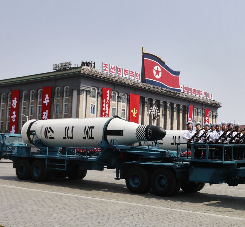 North Korean military vehicles carry missiles during a parade in Kim Il Sung Square in Pyongyang, North Korea. File Photo by How Hwee Young/EPA