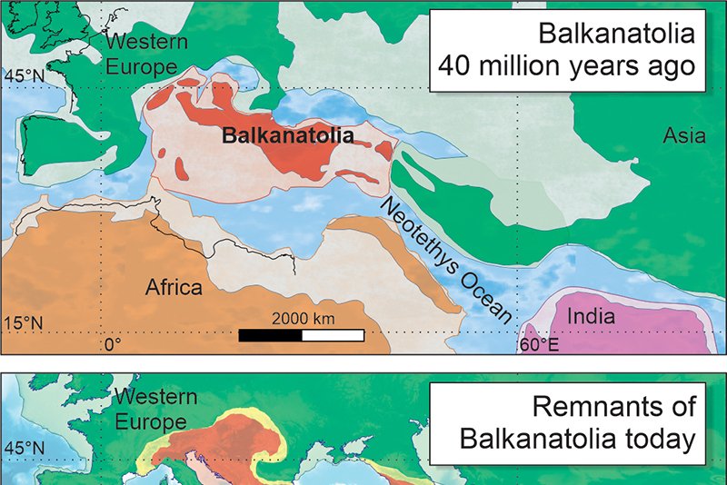 Map showing Balkanatolia 40 million years ago and at the present day. Courtesy of Alexis Licht &amp; Grégoire Métais/CNRS