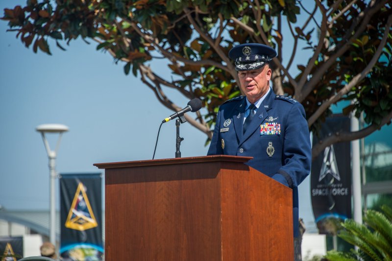 U.S. Space Force Gen. John W. “Jay” Raymond, chief of space operations, speaks to attendees during the Space Systems Command establishment ceremony at Los Angeles Air Force Base on Friday. Photo by Staff Sgt. Elijah Jackson/U.S. Space Force<br>