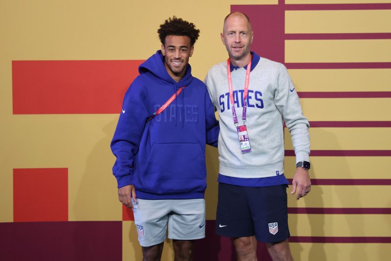 United States Men's National Team manager Gregg Berhalter (R) named midfielder Tyler Adams a 2022 World Cup captain Sunday in Doha, Qatar. Photo by Abir Sultan/EPA-EFE