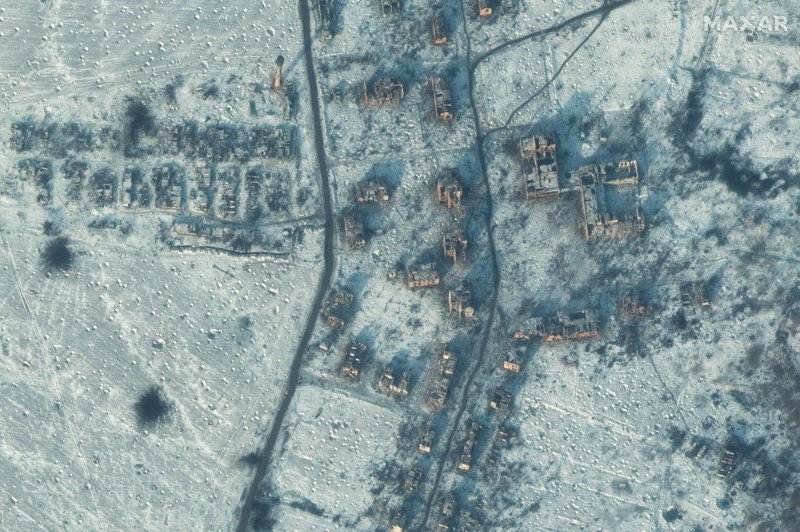 The Russian Ministry of Defense claimed to have taken control of the salt-mining town of Soledar on Friday, though Ukrainian officials disputed the claim. Satellite image courtesy Maxar technologies/EPA-EFE