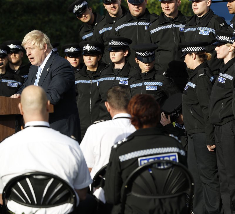 British Prime Minister Boris Johnson speaks Thursday to student police officers at the West Yorkshire Police Training Centre in Wakefield, Britain. Photo by Darren Staples/EPA-EFE/Pool