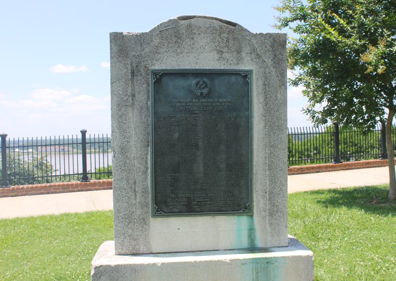A plaque bears the names of those who died in the Rhythm Club fire on April 23, 1940, in Natchez, Miss. File Photo by Billy Hathorn/Wikimedia