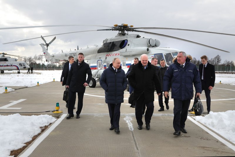 Russian President Vladimir Putin (front L) and Belarusian President Alexander Lukashenko (front C) visit the Vostochny Cosmodrome outside Tsiolkovsky, Russia, on Tuesday. Putin said during the visit that the main goal of his military campaign in Ukraine is to "help people." Photo by Mikhail Klimentyev/Kremlin Pool/Sputnik/EPA-EFE