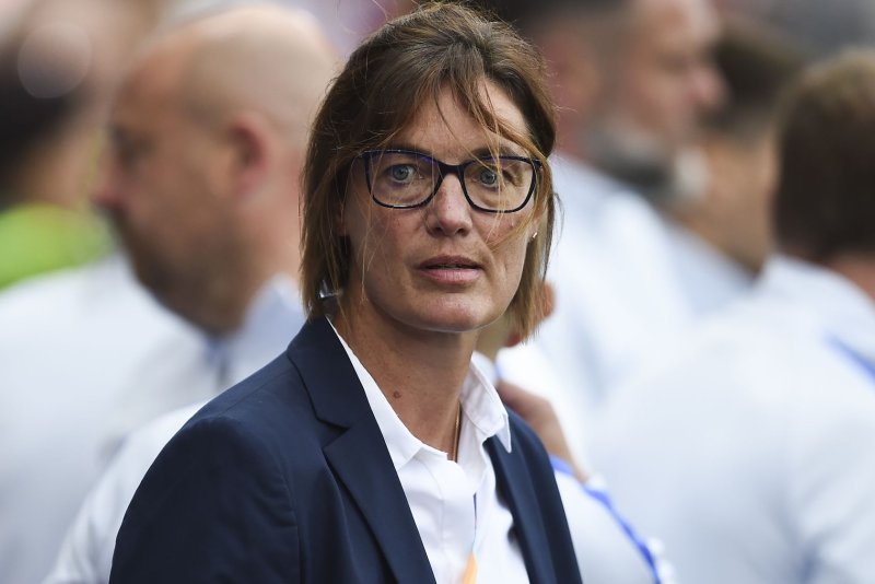 Corinne Diacre, who was fired Thursday, became France's head coach in 2017. Photo by Peter Powell/EPA-EFE