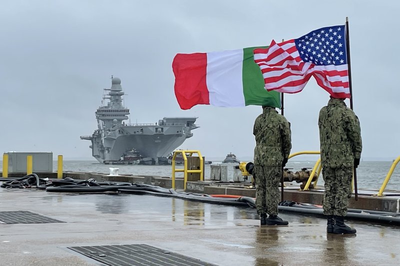 The Italian navy's flagship, the aircraft carrier ITS Cavour, arrives in Virginia last weekend for operations alongside the U.S. military to attain it's "Ready for Operations" certification to safely land and launch F-35B aircraft. Photo by Capt. Cassidy Norman/U.S. Navy