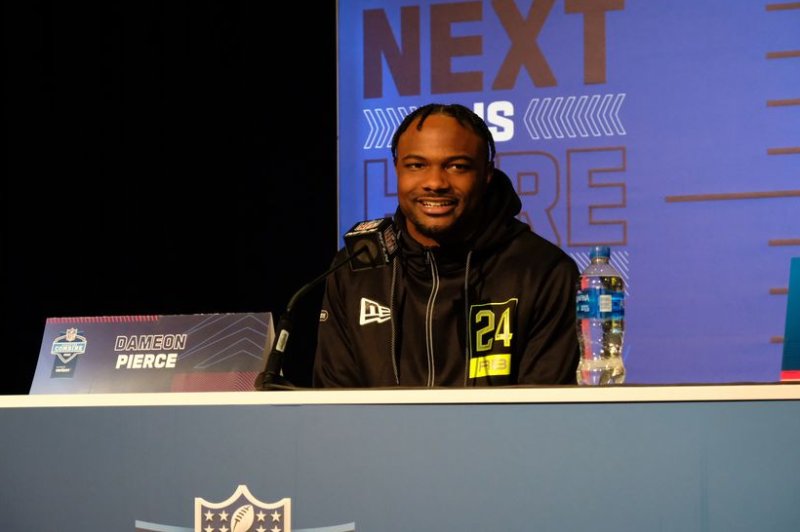 Former Florida running back Dameon Pierce talks to reporters at the 2022 NFL Scouting Combine on Thursday at the Indianapolis Convention Center. Photo by Alex Butler/UPI