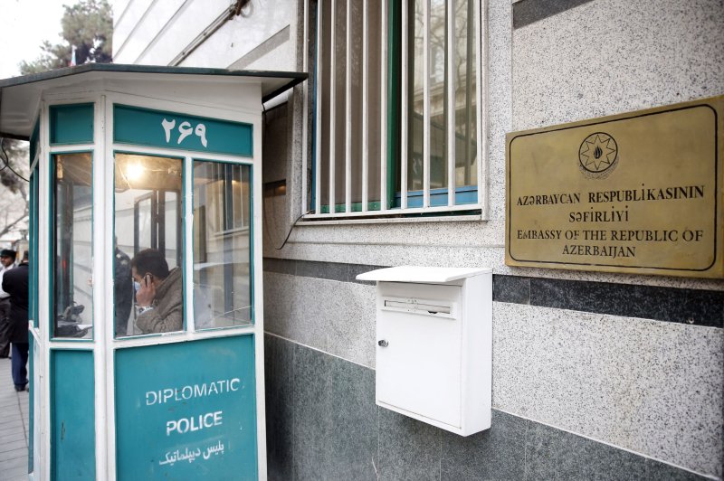 The Azerbaijani government said Friday a gunman attacked a guard station at its embassy. Photo by Abedin Taherkenareh/EPA-EFE