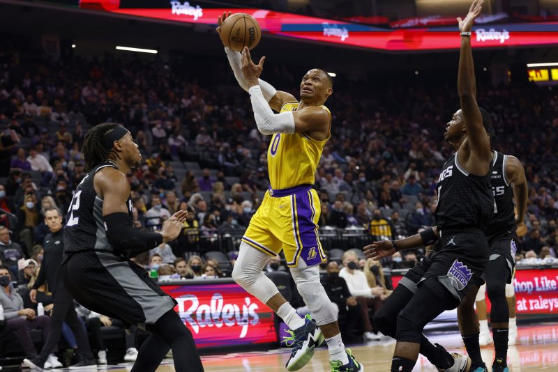 Los Angeles Lakers guard Russell Westbrook (C), shown Nov. 30, 2021, was initially placed in the league's protocols after the Lakers' overtime win over the Dallas Mavericks on Wednesday. File Photo by John G. Mabanglo/EPA-EFE
