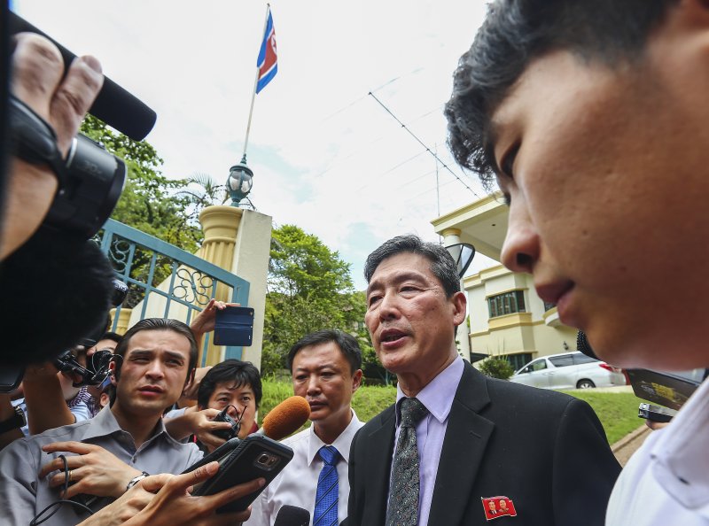 Ri Tong Il, a former North Korean deputy ambassador to the United Nations, speaks to the media Tuesday at the North Korean embassy in Kuala Lumpur, Malaysia. North Korea sent him to Malaysia to retrieve Kim Jong Nam's body, the half brother of its leader, and to seek the release of a North Korean arrested in the murder. Photo by EPA