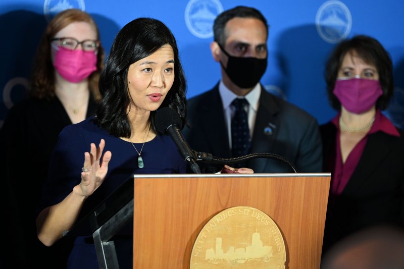 Boston Mayor Michelle Wu, pictured at a Dec. 20, 2021 press conference, announced last week that the city would no longer require face masks in indoor public spaces beginning on Saturday. Mayor's Office Photo by Isabel Leon