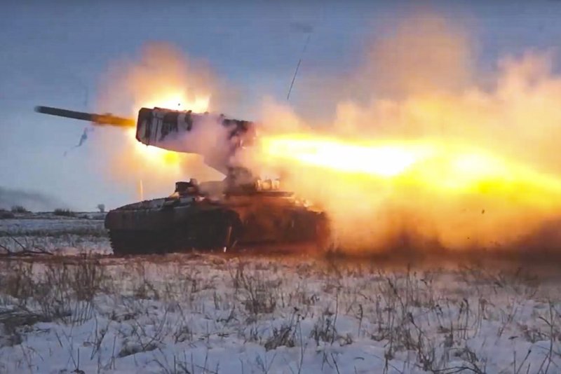 A Russian rocket launcher system is seen firing during military drills near Orenburg, Russia, on December 16, 2021. Various exercises and a troop buildup near Russia's border with Ukraine have escalated tensions between Moscow and the West. Photo courtesy Russian Defense Ministry via EPA-EFE