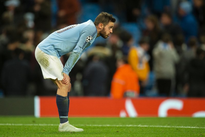 Manchester City's Bernardo Silva reacts after the final whistle during the UEFA Champions League Group F soccer match between Manchester City and Olympique Lyonnais on Wednesday at the Etihad Stadium in Manchester, Britain. Photo by Peter Powell/EPA-EFE