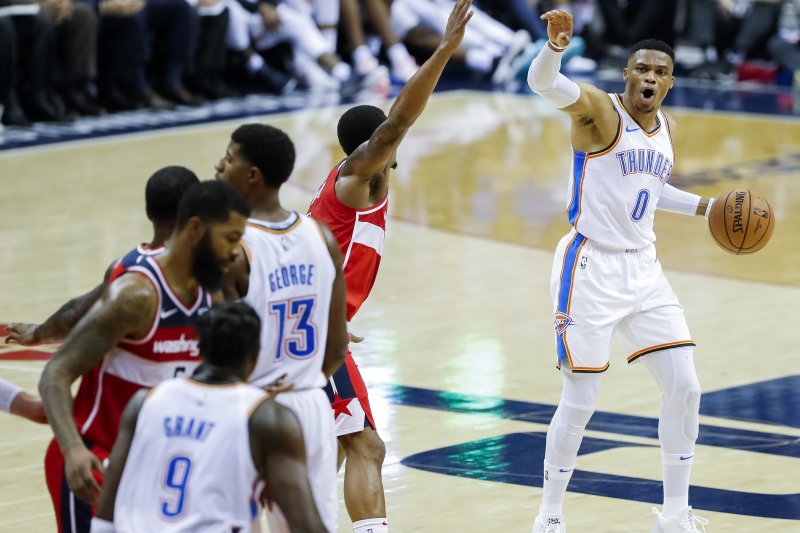 Oklahoma City Thunder guard Russell Westbrook (R) in action against the Washington Wizards during the second half of an NBA basketball game between the Oklahoma City Thunder and the Washington Wizards on November 2 at Capital One Arena in Washington, D.C. Photo by Erik S. Lesser/EPA-EFE